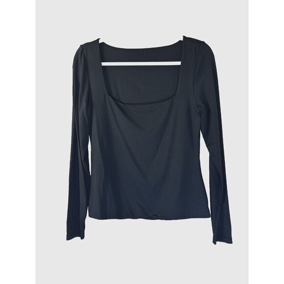 Womens Y2K Glam Black Square Neck Top L Sleek Stretch Minimalist Going Out Club - Picture 1 of 4